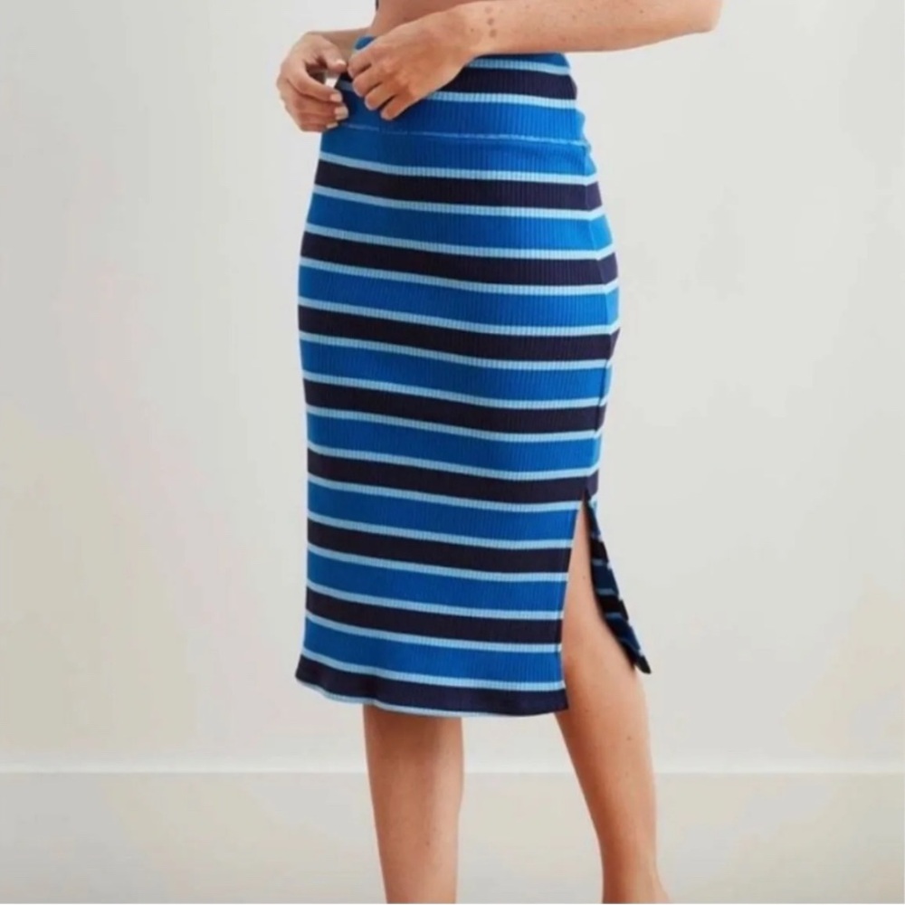 Aerie High-Waisted Midi Skirt Blue Stripe Ribbed Pencil Pull On Side Slit Size S